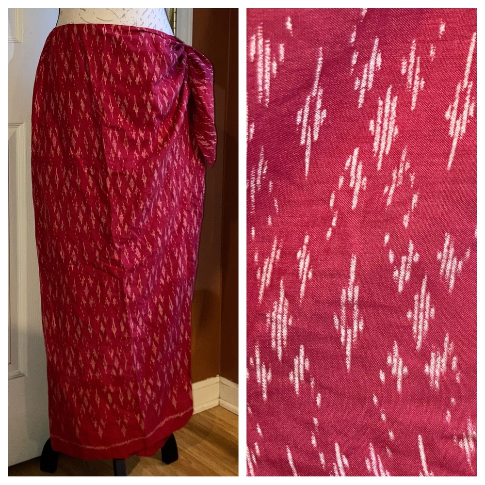 Lauren Ralph Lauren Silk Linen Blend Wrap Skirt Red White Boho Western Prep 12